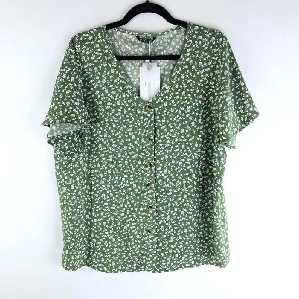 Bloomchic Ditsy Floral Ruffle Sleeve Button Detail Blouse Green White 12 - Picture 5 of 8